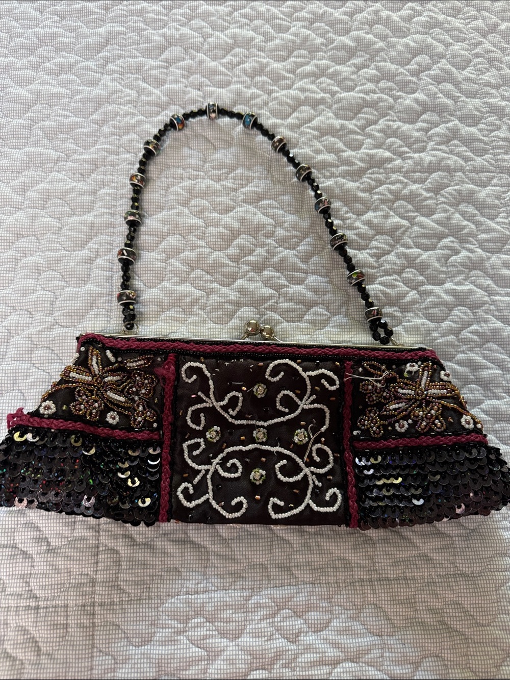 Beaded Embroidered Burgundy Evening Clutch with Beaded Handle